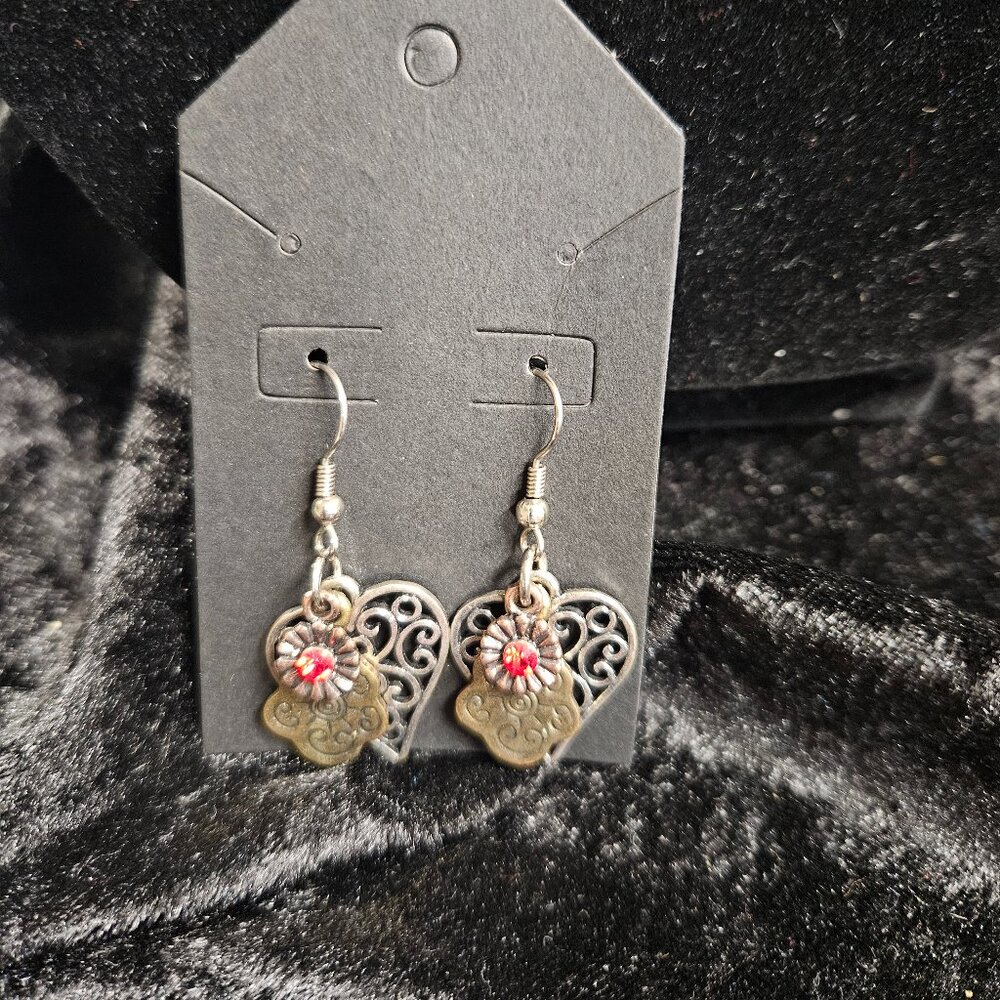 Earrings dangle with heart shape, flower shapes, red stone